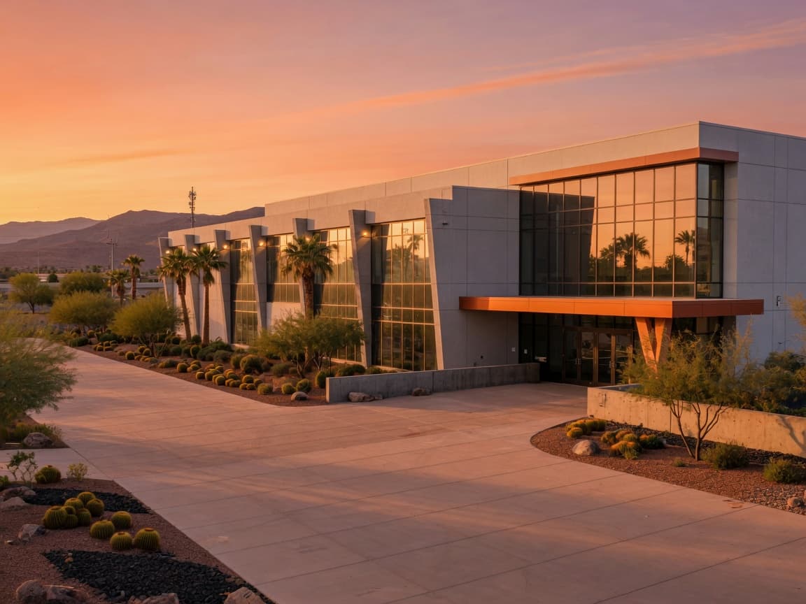 Lee's Family Forum exterior at sunset.