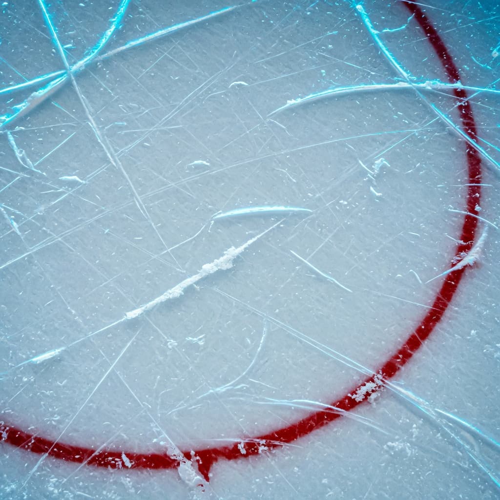 Scratched ice with a red faceoff circle.