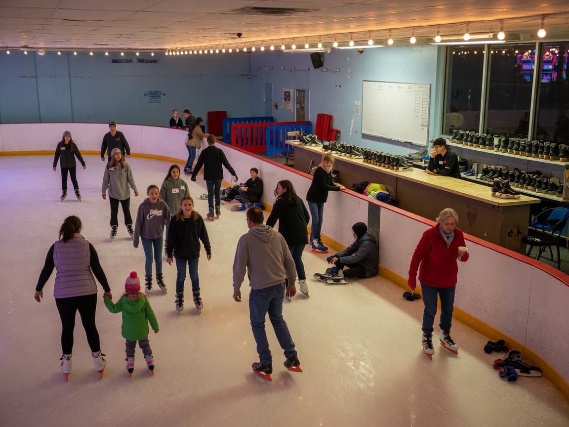 Public skate with families on a community rink.