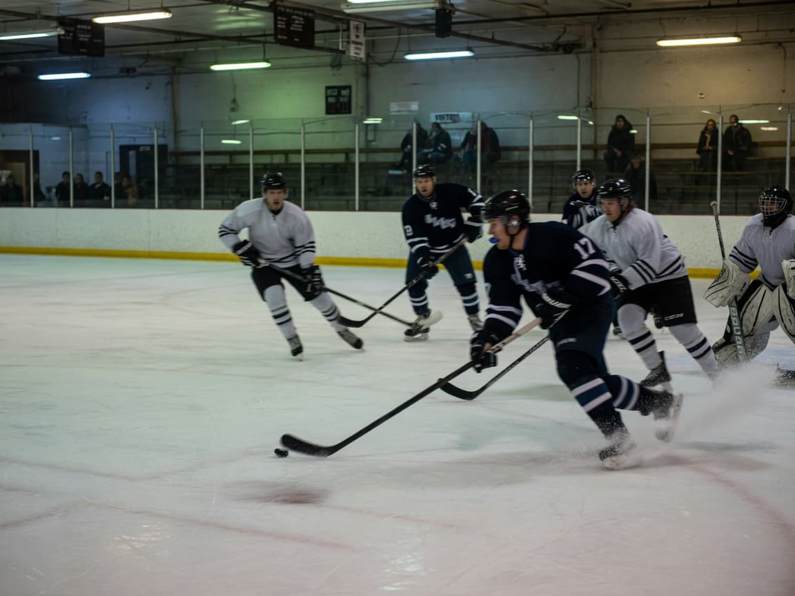 Adult rec hockey, puck on a stick in front of the net.