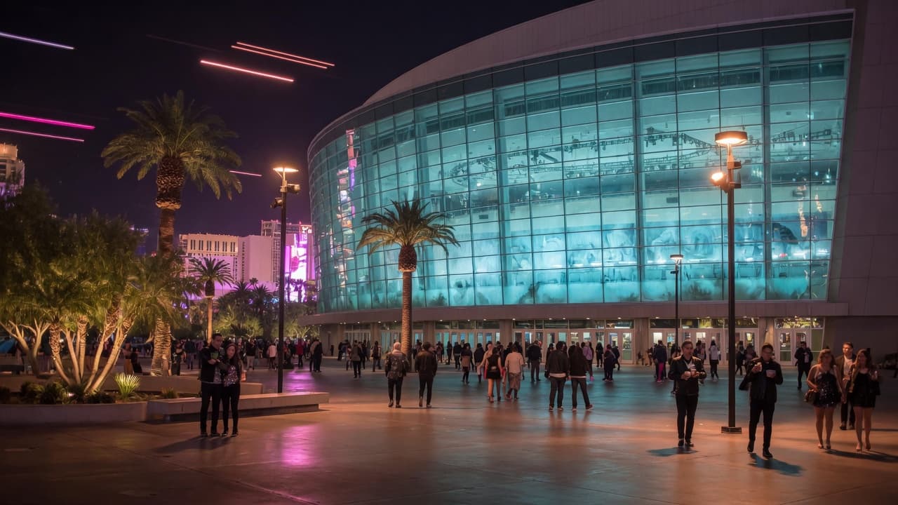 Night plaza outside T-Mobile Arena on the Strip.